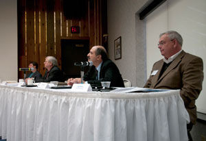 From left, Wayne Bowen, recycling program manager for the Pennsylvania Recycling Market Center Inc.%3B Bernard Kulkaski, owner of Meridian Precision Inc.%3B Alan Lafiura, president of Ultra-Poly Corp%3B and Jack Himes, senior recycling program manager for Pennsylvania Recycling Market Center Inc., participate in a panel discussion during a Recycling Seminar at Pennsylvania College of Technology.