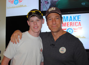 Pennsylvania College of Technology student Andrew C. Reisinger, of Stockholm, N.J., meets with media personality and workforce advocate Mike Rowe. Reisinger recently was awarded a %24500 tool scholarship from The mikeroweWORKS Foundation.