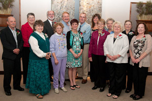 Fourteen of the 2011-12 retirees gathered for a group photo in Le Jeune Chef Restaurant. Front row, from left: Juliann T. Pawlak, Patricia A. Bracey, Rae Ann Karichner, M. Patricia Coulter, Virginia L. Michael and Joan L. McFadden. Back row, from left: Dorlan F. Books, Susan K. Clark-Teisher, Gary R. DiPalma, Dennis E. Fink, Edward L. Roadarmel, Glenda D. Twiss, Candy V. Rook and Andrea J. Skrobacs.