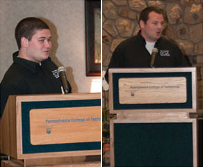 The Student Government Association's Gregory J. Miller, left, and Adam J. Yoder share their scholarship fundraising success.