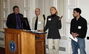 From left, Dennis R. Williams, associate professor of business administration%2Fmanagement, and Pennsylvania College of Technology students Joseph R. Raup, Melissa A. Miller and Mahdi E. Shaji present the results of their industrial technology survey.