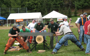 Penn College competitors are encouraged by classmates during the crosscut saw event.