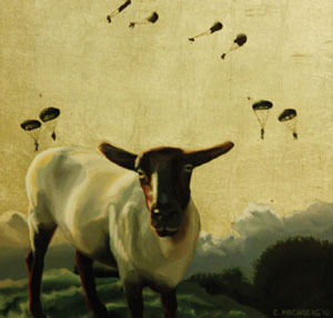 'Sheep With Paratroopers,' 2010, oil and silver leaf on panel, 16 inches by 16 inches