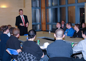 Paul L. Starkey, Pennsylvania College of Technology's new vice president for academic affairs%2Fprovost, talks with student leaders Jan. 20%3B the informal Bush Campus Center meeting was part of a series of administrative get-acquainted sessions held across Pennsylvania College of Technology campuses.