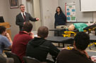 John F. Englert, EMS education program manager for the Bureau of Emergency Medical Services (joined by Wendy Hastings, acting director for the Lycoming Tioga Sullivan Regional EMS Council), addresses students