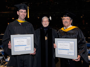 The 2011 Excellence in Teaching Award winners Christopher J. Holley, left, and Michael J. Ditchfield, right, are congratulated on their achievement by Pennsylvania College of Technology President Davie Jane Gilmour.