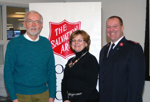 The free Volunteer Income Tax Assistance program, a collaboration of Pennsylvania College of Technology and The Salvation Army, is kicked off Jan. 30 by Phillip D. Landers, left, professor of business administration and accounting at Penn College. Joining him at a campus announcement are Lycoming County Commissioner Rebecca A. Burke and Salvation Army Major Steve Stoops, who applauded the program%E2%80%99s money-saving benefit to county residents.