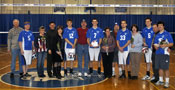Joining their families and coach Wes Strayer, from left, are volleyball seniors Jared Palko (5), Collin Grube (12), Andrew Epley (7), Brad, Bell (33), Matthew Stoltz (6) and Philip Reist (15)