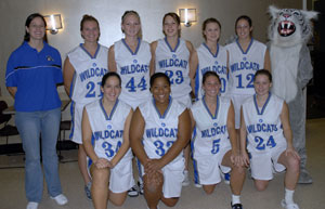The Lady Wildcats gather for a team photo with the Pennsylvania College of Technology mascot.