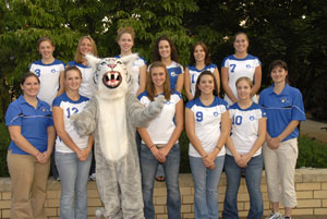 The women's volleyball team gathers around the Penn College mascot during a recent 'Meet the Wildcats' night on campus.