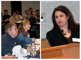 An attentive audience listens to Julie Griswold, of W.R. Sharples Co., during a session on trimming thin-gauge thermoformed parts.