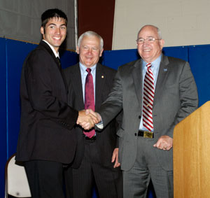 From left, Athens Area High School student Matthew J. Delp, of RR2 Ulster, receives congratulations from state Sen. Gene Yaw and former state Sen. Roger A. Madigan for his selection as the 2009 Peggy Madigan Memorial Leadership Scholarship recipient at Penn College. Delp will enroll at the college for the Fall 2009 semester.