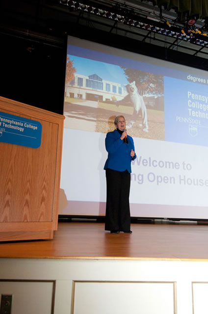 President Davie Jane Gilmour welcomes morning visitors to Penn College.