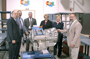On hand for Allison's latest donation to Penn College's Diesel Technology Program are, from left, Dr. Wayne R. Longbrake, dean of Natural Resources Management%3B Tom Pratt, territory manager-Allison Transmissions for Penn Detroit Diesel-Allison%3B Dennis J. Dolan, vice president of engine and transmission sales for Penn Detroit Diesel-Allison%3B Debra Mader Miller, director of corporate relations for the College's Office of Institutional Advancement%3B Patricia S. Wheeler, sales account manager, eastern region, for Allison Transmission%3B and Mark E. Sones, instructor of diesel equipment technology.