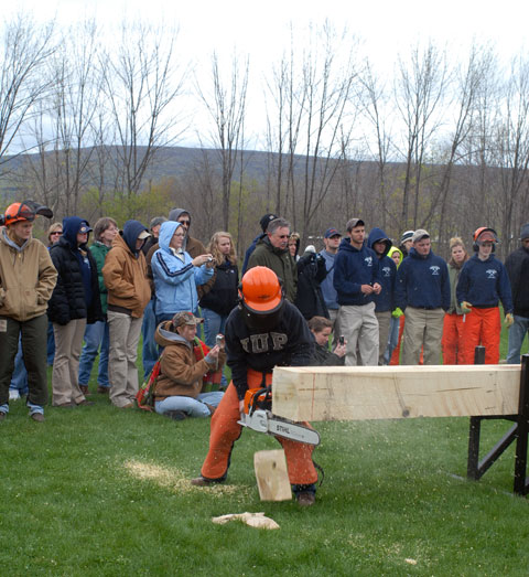 Amanda K. Fetter competes in the women's chain-saw event.