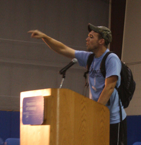 Community Assistant Atlee J. Eshleman makes his point during Welcome Weekend remarks.
