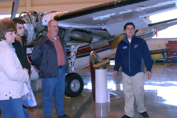 Francisco Marin, a student ambassador at the Lumley Aviation Center, discusses his senior project-in-progress.