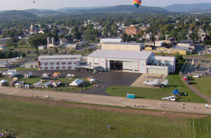 A bird's-eye view of the college's Lumley Aviation Center from a hot-air balloon.