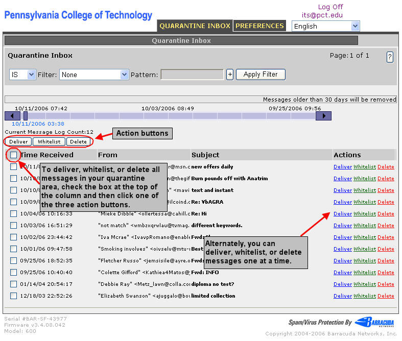 E-mail links to Web page that helps faculty%2Fstaff and students manage large quarantine list.