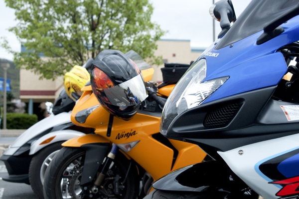 As the rally draws near, motorcycles offer a colorful tableau in a campus parking lot.