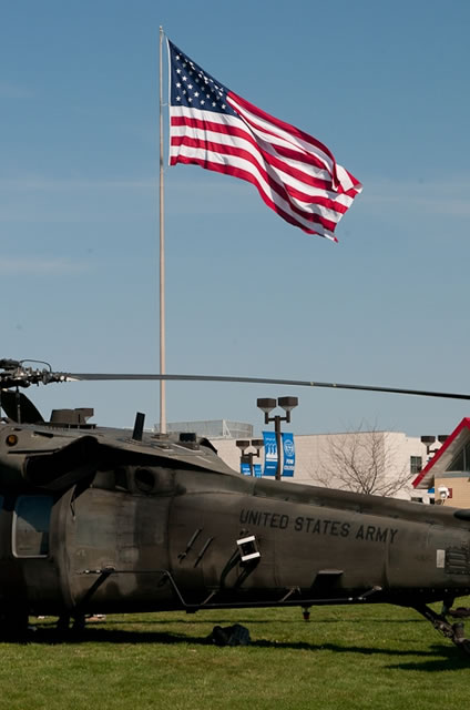 The 60- by - 40-foot American flag at the main campus entrance offers a fitting backdrop for Army visitors.
