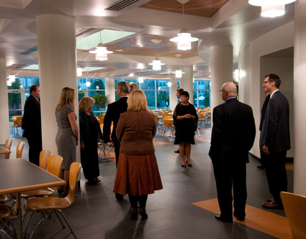 Campus dignataries tour the new Capitol Eatery, part of the Dauphin Hall residential complex.