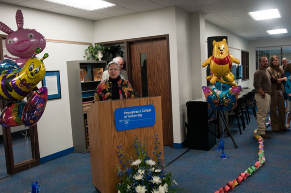 President Gilmour addresses a full house of early childhood education students and faculty, administrators, and parents and children of the Childrens Learning Center during the opening celebration for the facilities.