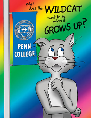 Pennsylvania College of Technology%E2%80%99s wildcat mascot ponders his career options throughout a new coloring book produced by the college and reproduced online.