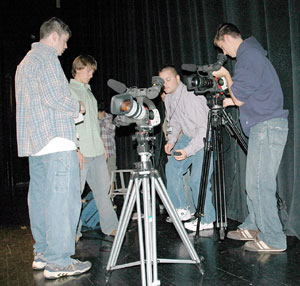Penn College students%2Fstaff on the set are, from left, student Steven J. Morrison%3B student Joseph C. Hersh%3B staff member (and alumnus) Christopher J. Legarski%3B and student David N. Hull. The cameras in the photo were provided by the College.