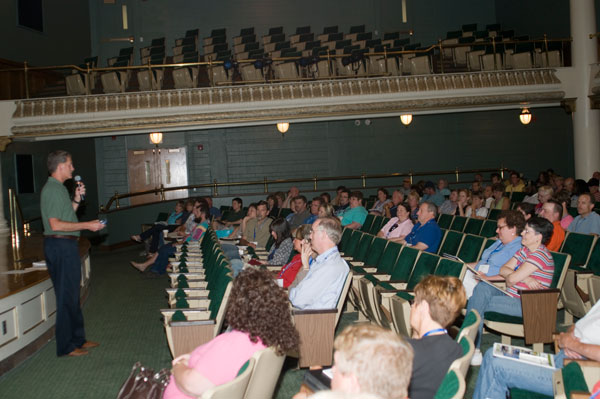 Registrar Denny L. Dunkleberger leads a "Parents as Partners" session in the Klump Academic Center Auditorium.