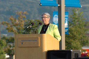 President Davie Jane Gilmour starts the yearlong countdown to dedication of the Roger and Peggy Madigan Library.