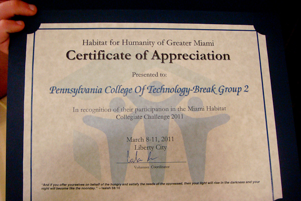 A certificate honors the Penn College group's participation in Habitat's Collegiate Challenge.