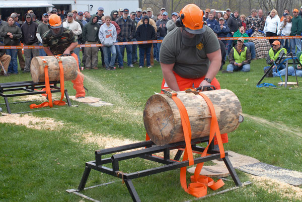 A shower of sawdust accompanies this event in the Stihl Timbersports Challenge.