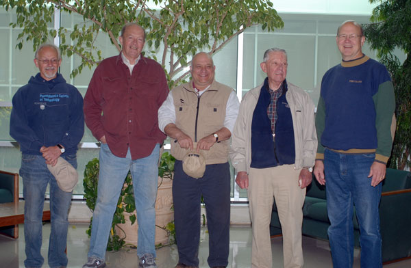 Formidable faculty experience is represented in this gathering of those who helped shape the college's Forest Technology program. From left are Dennis F. Ringling, professor of forestry; Donald Nibert, who retired in 2009 as an assistant professor of forestry; James C. Pivirotto, retiring in May as an associate professor of forestry; Joseph Sick, the first director of the Earth Science Center; and Glenn R. Spoerke, a former faculty member who retired in 2007 as a curriculum specialist.