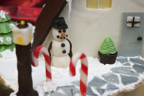 A snowman greets visitors to a chocolate home.