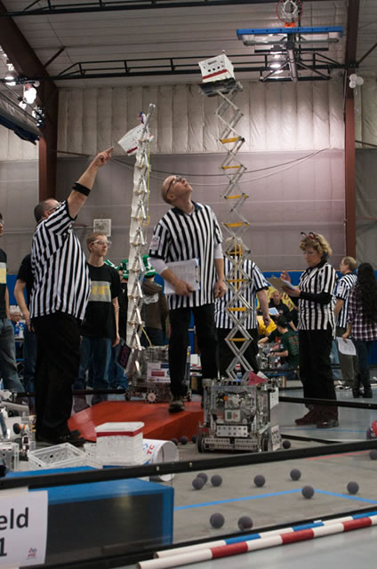 Jeff L. Rankinen, associate professor of electronics (center), checks the height to which a team lifted its basket following a close match.
