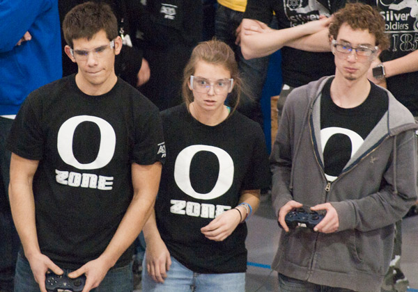 Drivers from Ozone, of the Oxford (Pa.) Robotics Club, take part in a match.