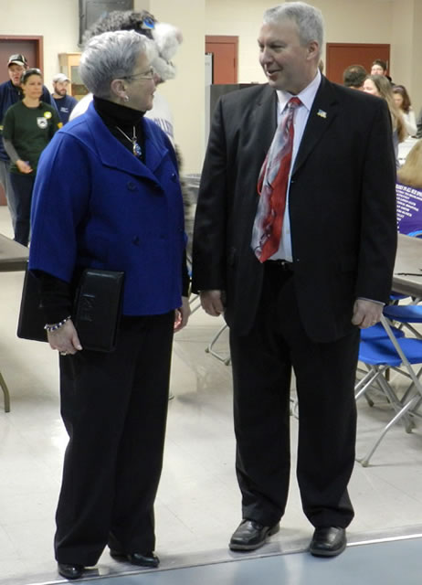 Penn College President Davie Jane Gilmour chats with Bill Mack, assistant dean of the School of Industrial and Engineering Technologies and clerk of the works for Saturday's event.