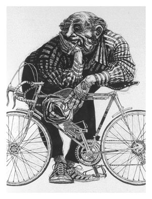 Among Raymond Gloeckler's work is 'Big Biker,' 1971, 11 3%2F8 by 8 15%2F16 inches, wood engraving