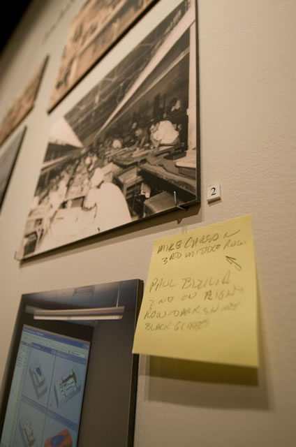 Alumni made notes to add their memories to the exhibit  sometimes adding their own names, such as in this photo of a drafting lab.