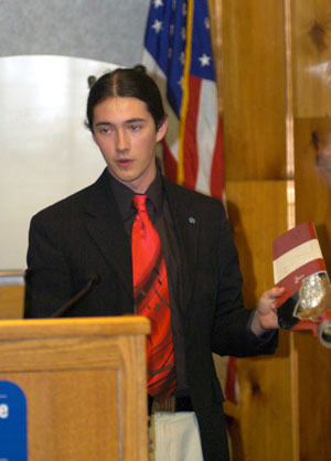 Benjamin W. Thompson, an aviation maintenance technology student from Conestoga, offered %22Composites%3A Evolution Through the Years and Beyond%22 at the first Honors Program Symposium at Pennsylvania College of Technology. (Photo by Ashlin R. Hollinger, part-time student photographer)