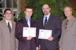 From left, Rene Allard, chairman of the Central Pennsylvania section of the Institute of Electrical and Electronics Engineers%3B second-place finisher Eric A. Beightol of Reedsville%3B first-place winner Danny W. Nightingale of Lindley, N.Y.%3B and Scott D. Neuhard, faculty adviser for the Penn College student chapter of IEEE.