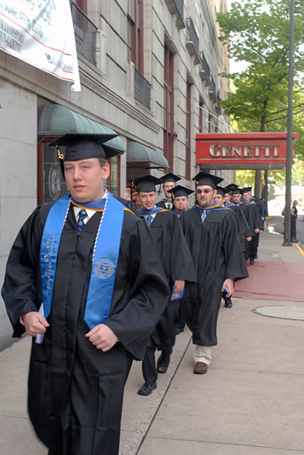 Kyle M. Pfueller, immediate past president of Penn College's Student Government Association, leaves the Genetti Hotel for his Friday date with a diploma.