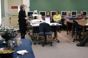 Lisette N. Ormsbee, director, provides faculty%2Fstaff with an overview of the Roger and Peggy Madigan Library.