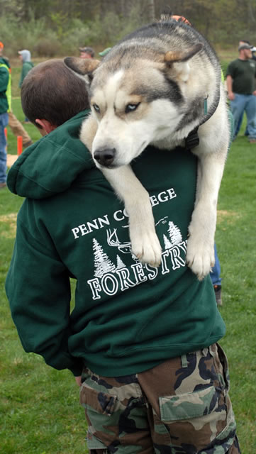 On an intemperate day that easily merited a sweatshirt, Michael C. Frantz dons an additional layer of warmth: his dog, Roscoe, the unofficial mascot of the Penn College team. 