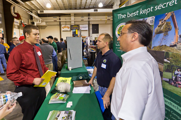 Returning to his roots was Ryan W. Shanahan (center), a 2004 graduate in landscape/nursery technology, who, with Land Tech Enterprises colleague Mark Stein, engaged students in career conversation.