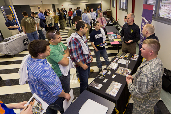 Representatives of the Army ROTC program, who also visited main campus the previous day, staffed Career Fair tables in the Lumley Aviation Center.