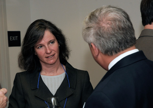 Claudine Keenan, chief planning officer, The Richard Stockton College of New Jersey, chats with Colin W. Williamson, dean of transportation technology.
