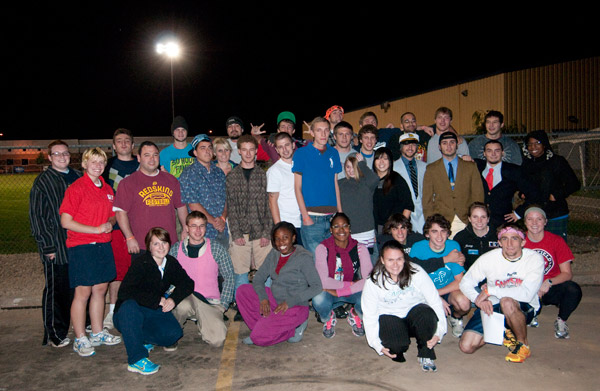 Runners prepare to start the "Nearly Naked Mile," in which each piece of clothing they remove is donated to the American Rescue Workers.