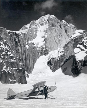 This 1955 photograph from the Penn College archives shows the late Don Sheldon (aviation %9248) near The Moose%92s Tooth, a peak southeast of Mount McKinley in the Alaska Range. The area in the photograph is now known as the 'Sheldon Amphitheater.'
